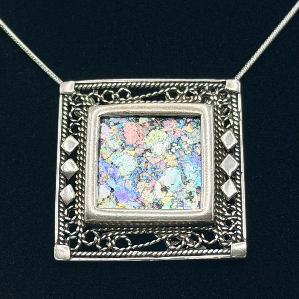 Vintage 925 Sterling Silver Roman Glass Square Pendant Necklace – 16”